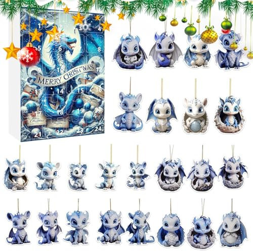 Drachen Adventskalender 2024, 24 Tage Countdown Bis Weihnachten Niedliche Flache Drachen Ornamente, 2D Flacher Fliegender Drachen Anhänger Aus Acryl für Die Dekoration Von Ferienhäusern