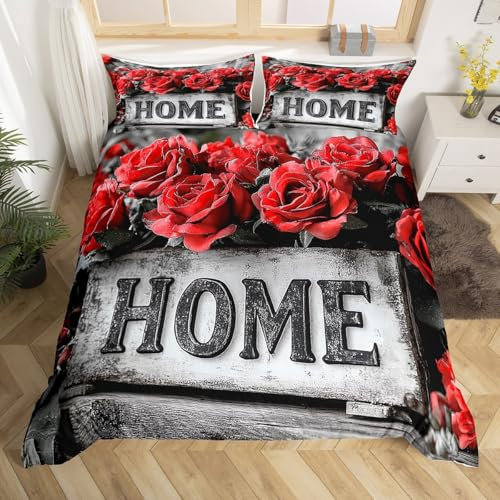 Vintage Rose Floral Duvet Cover Set Double,Rural Retro Home Farmhouse Comforter Cover for Lovers Couple,Flower Romantic Blossom Bedding Set,Rustic Home with Roses Quilt Cover