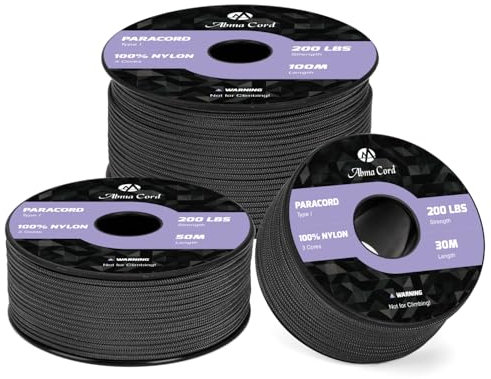 Abma Cord Paracord 2mm 30m Cuerda Nylon 3 Hebras Tipo I para Bricolaje, Camping, Al Aire Libre - MAX. 90kg (200lbs) - Negro
