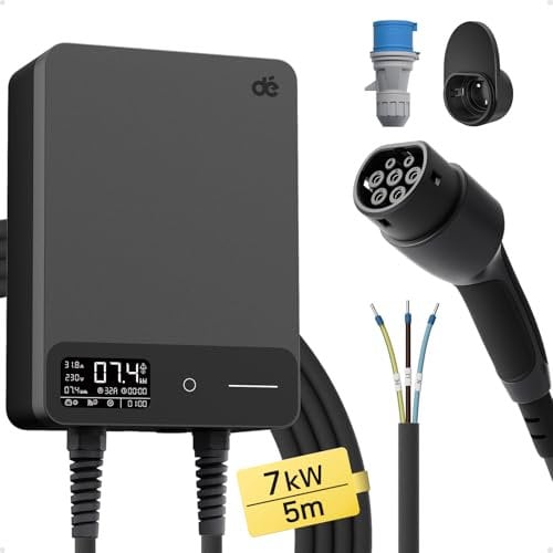 dé Borne de Recharge Véhicules Électrique 7kW APP [5m, 6-32A, Monophasé] Wallbox 7kW avec Câble de Recharge Type 2 5m, RFID, Borne de Recharge avec RCD Type-B et IP54 pour E-208 et Autres BEV/PHEV