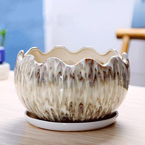 Vasi da fiori moderni in ceramica per piantare erbe aromatiche da esterno elegante cortile e ufficio decorazione marrone fioriera con pallet 14 cm x 11,5 cm