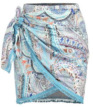 ZAFUL Gonna a fessura da donna, stampa boho, cravatta laterale, gonna avvolgente con nappa, mini gonna casual da spiaggia, 1 blu, XL