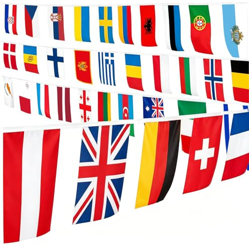 Eurovision Wimpelkette, Party-Dekorationen, 35 Länder-Stoff-Wimpelkette, europäische Flagge, 12 m lang, 2026 Eurovision Song Contest Dekorationen für Innen- und Außenbereich, Garten, Bar
