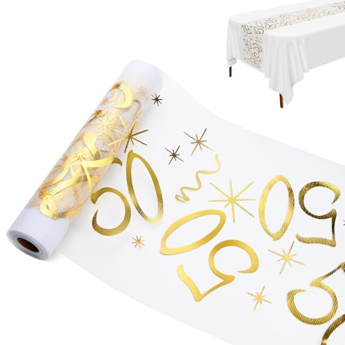 Tischläufer 50. Geburtstag, Tischdeko Geburtstag 28 cm x 10 m, Tischläufer Gold Rolle, Deko 50 Geburtstag Frau Mann, Tischband Tischdecke Geburtstag, 50 Geburtstag Deko, Party Jahrestag (50 Jahre)