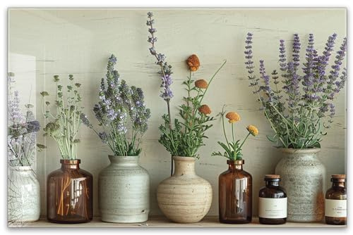 Herdabdeckplatte 80x52 cm einteilig – Trockenblumen, Vintage Vasen, Kräuter, Boho Deko, Lavende | ESG Glas Ceranfeldabdeckung, Schneidebrett, für Ceranfeld, Herd, Induktion, Küche