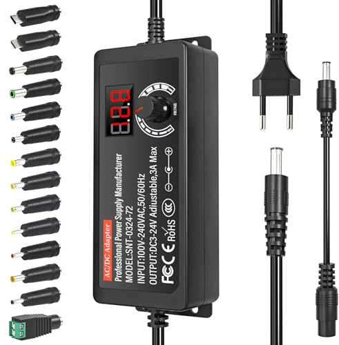 24 V Alimentatore Universale 72 W AC/DC Adattatore di Alimentazione Regolabile con 14 punte DC e Cavo di polarità inversa Caricabatterie universale per elettronica, 3000 mA Max.