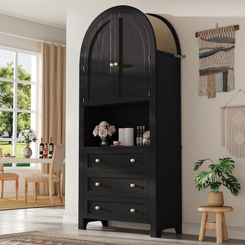 Yihomfy 180cm Garde-Manger de Cuisine Arqué de Haut, Armoire de Rangement en Bois Style Ferme Moderne avec 3 Grands Tiroirs et Étagère Ouverte pour Cuisine,Salle à Manger et Salon (Noir)
