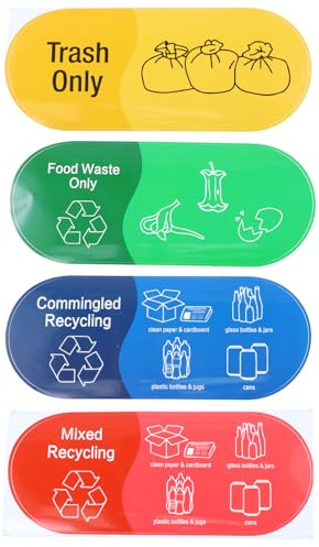 Recycling Stickers for Bins, 8pcs, 4 Designs, 22.86x9.53cm, Self-Adhesive Waterproof Vinyl Decals for Indoor & Outdoor Kitchen, Food, Plastic, Paper & General Waste