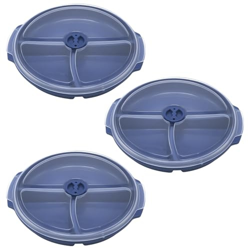 BZURTER 3 x Plato Microondas de Tres Compartimentos con Tapa,Libre de BPA | Plato Redondo para Microondas con Agujeros de Ventilación, Ideal para Almacenar, Calentar y Preparar Comidas Preparadas