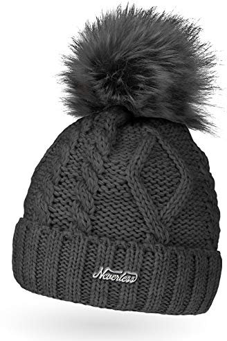 Neverless gefütterte Damen Strickmütze mit Fell-Bommel und Fleece-Futter, Kunstfell, Winter-Mütze, Bommelmütze, dunkelgrau Unisize