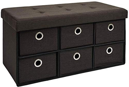 DuneDesign Faltbare Sitzbank 76x38x38cm inkl. 6 Schubladen Sitztruhe 80L Polsterbank Ottomane Leinen Dunkelbraun