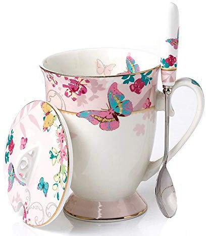 Eplze YBK Tech Euro Style Porcelain Tea Cup Coffee Mug with Lid for Breakfast Home Kitchen ((Butterflies Pattern) (Pink))