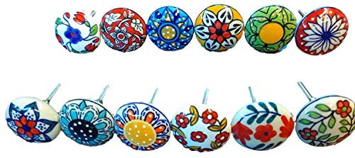 Möbelknöpfe, Keramik, gepunktet, bunt, 12 Stück