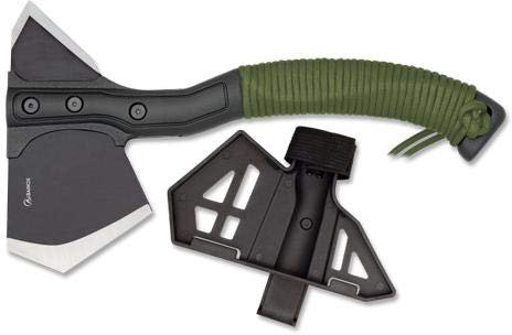 Hacha de acero inoxidable con empuñadura de nylon y funda de fibra ABS de medida total de 29 cm para Caza, Pesca, Camping, Outdoor, Supervivencia y Bushcraft + Portabotellas de regalo