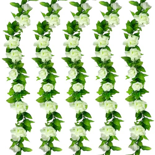 Huryfox Künstliche Blumen Girlanden - 5 Stränge 230cm Lange Kunstblumen Reben für Dekorationen, Künstlicher Weißer Rosen Blumen Bogen mit Realistischem Design für Indoor/Outdoor Hochzeiten, Partys