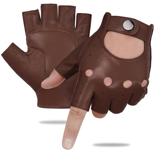 GSG Herren Fingerlose Lederhandschuhe Ungefüttert Halbfinger Leder Fahrhandschuhe Schaffell Braun L