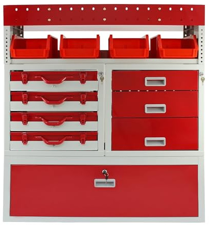 Monster Racking Van Racking Secure Steel Garage Storage Cabinet Lockable Metal Unit Draws 3 Keys Removable Tool Cases Plastic Bins 102cm x 118cm x 36cm Fully Assembled Brackets Included…