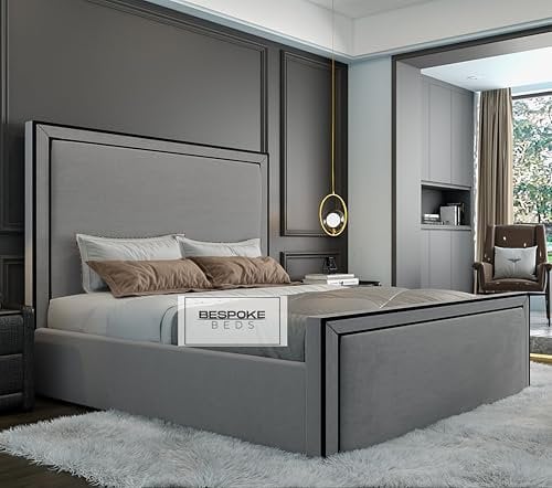 BESPOKE BEDS Fabric Upholstered Bed Frame, Ottoman Storage Bed Frame, Plush Velvet Bed Frame With Black Thread, Double King,Super King Bed Frames (Grey Naple, 5FT King Size)
