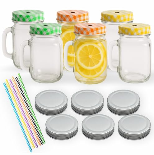 gouveo 6er Set Trinkgläser 450 ml mit Deckel Mix grün, gelb, orange, silber - Trinkglas mit Henkel und Mehrweg-Trinkhalm - Henkelgläser für Garten, Party Cocktail (TGH450SGRGO)