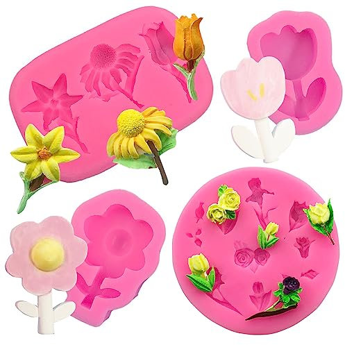 YGCHEN Silikonform Blumen Silikon Formen Tulpe Silikonformen Fondant Sonnenblume Silikon Kuchenform Rose Blumenform Lilie Kerzenform Blume Eiswürfelform 3D Gießform (4 Stück)