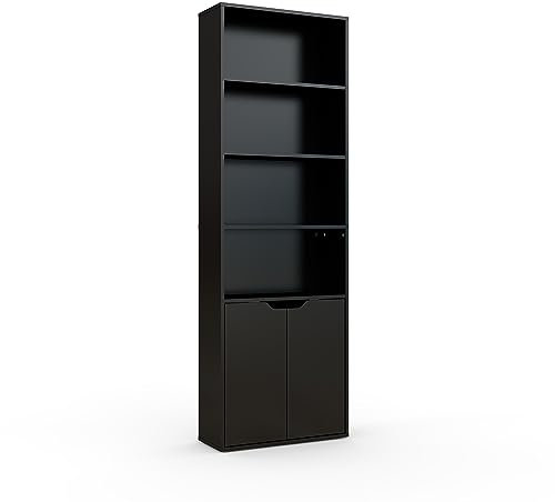 Panana 6 Tier Bookcase with 2 Doors, Wooden Cube Shelves Soild Wood Tall Bookshelf Storage Cupboard Organizer Display Free Standing Unit (Black)