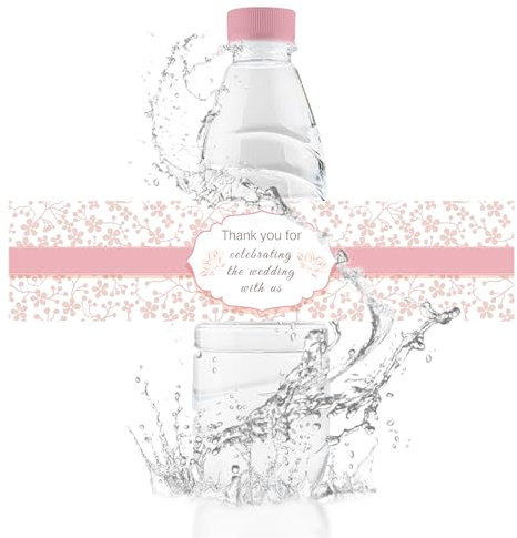 URROMA Wedding Water Bottle Labels, 50Pcs Glossy Pink Waterproof Wrappers Wraparound Rectangle Label Thank You Stickers for Bridal Shower Birthday