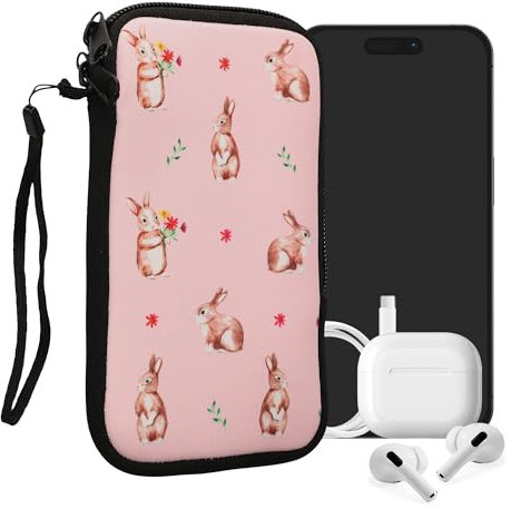 kwmobile Handytasche für Smartphones L - 6,5 - Neopren Handy Tasche Hülle Cover Case Schutzhülle - Hasen und Blumen Weiß Braun Hellrosa - 16,5 x 8,9 cm Innenmaße