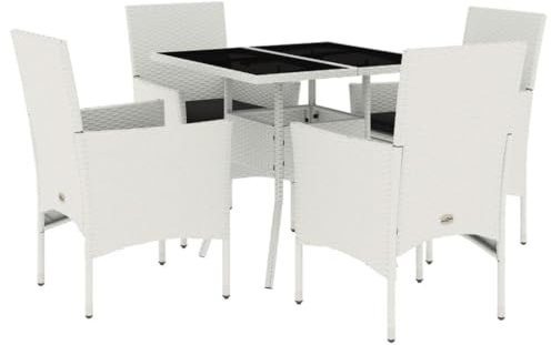 vidaXL Garten Essgruppe 5-TLG., Gartenmöbel Set mit Kissen, Gartengarnitur Tisch 4 Stühle, Lounge Sitzgruppe Sitzgarnitur, Weiß Poly Rattan Glas
