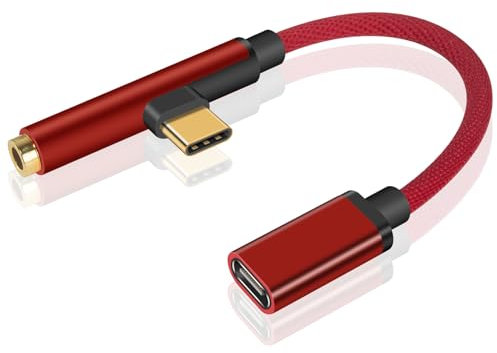 Duttek Câble adaptateur de casque de type C 10 cm – 90 degrés USB de type C vers prise jack 3,5 mm, adaptateur jack 3,5 mm vers USB C compatible avec Xiaomi, LetV, Nokia N1, Google, OnePlus – Rouge