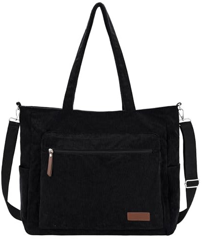Kasgo Cabas Femme, Grand Tote Bag Zippé en Velours Côtelé Poches Multiples Pratique Antivol Sac Fourre Tout Femme Sac à Main Femme avec Bandoulière Amovible pour Travail Voyage École Noir