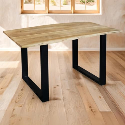trelevo Esszimmertisch 140x80 cm, Akazienholz massiv 26mm, Tischplatte naturfarben, echte Baumkante, U-Gestell schwarz, Baumkantentisch
