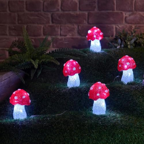 Festive Lights - Set of 5 Acrylic Mushroom Battery Powered Christmas Figures on String - 30 Cool White LEDs, 6 Hour Timer, 13cm Novelty Seasonal Design, Indoor Outdoor Use, IP44 Rated, Clear Cable