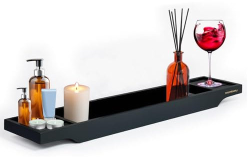MantraRaj Bamboo Bath Caddy Tray Bridge Bath Tray Wooden Bathtub Tray Rack Caddy Tidy Bathroom Shelf Organizer Storage Bath Table for Reading,Tablet, Wine Glass Bath Accessories (Black)