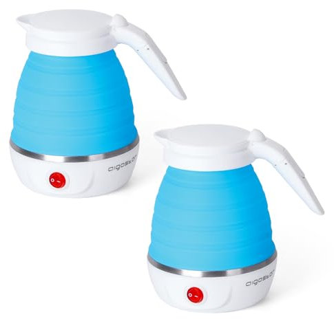 Aigostar Sapphire 2 Pack - Reise Wasserkocher Klein 600ml, Mini Faltbarer Wasserkocher, Tragbarer Reisewasserkocher mit Edelstahlboden, Automatisches Abschalten & Erhitzung, BPA-frei, 1000W, Blau