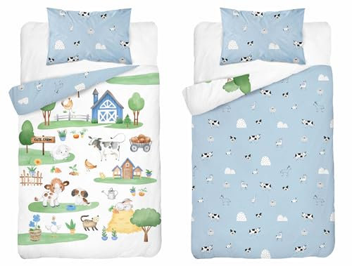 Kinder Bettwäsche Set Farm Motiv, 100 x 135 cm Bettbezug, 40 x 60 cm Kissenbezug, 100% Baumwolle, Bauernhof Design, Ökotex (Blau)
