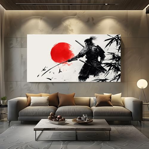 ZORYAN Bild auf Leinwand Japanische Samurai Groß, XXL Wandbilder Wohnzimmer | Tintenmalerei Sonne Moderner Kunstdruck für Schlafzimmer Asiatischer Stil Schwert Bilder für die Wand, Wanddeko 60x120 cm