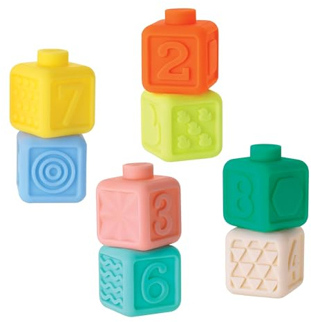 INFANTINO Squeeze & Stack Set de Bloques Blandos, 8 Bloques Blandos Coloridos Con Números y Texturas Sensoriales, sin BPA, a partir de 6 Meses