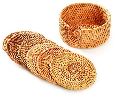 SCF2017 Lot de 6 dessous de verre ronds en rotin tressé avec support - 8 cm