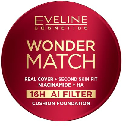 Eveline Cosmetics Wonder Match Cushion Foundation – Kompakt Make-up für volle Deckkraft & Second-Skin-Glow – 16H langanhaltendes Finish mit Niacinamid – Vegan