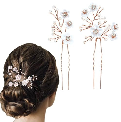 Fairvir Braut Hochzeit Blume Haarnadeln Strass Brautschmuck Perle Haarnadel Haarschmuck für Damen und Mädchen (2 Stück) (Roségold)