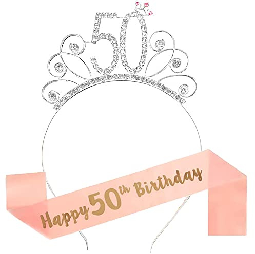 Rose Gold Happy 50. Geburtstag Schärpe und 50 Geburtstag Tiara Strass Krone Stirnband für 50 Geburtstagsgeschenk Party Zubehör 50. Geburtstag Dekoration Mädchen Frauen
