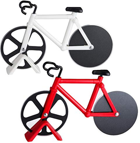 WENTS Fahrrad Pizzaschneider 2 Stücke Pizzaschneider Fahrrad, Pizza Cutter aus Edelstahl Räder, Cutter für Pizza & Teig, Antihaftbeschichtung, Spülmaschinenfest (Weiß, Rot)