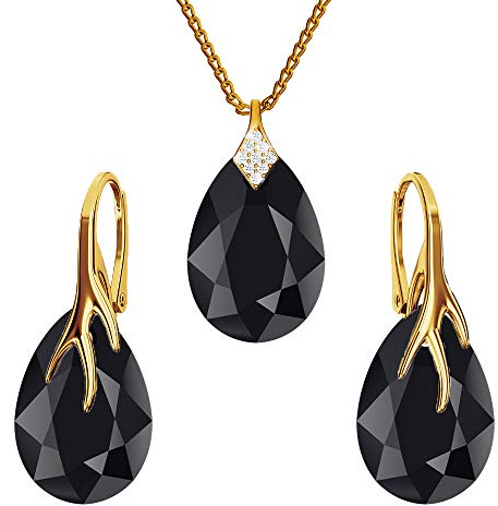 Ohrringe Silber 925 Hängend - Kette Damen mit Anhänger - Vergoldet Schmuck Set für Sie - mit Kristallen - Ohrringe Hängend und Halskette Damen Silber 925 - Tropfen mit Krallen (Jet)