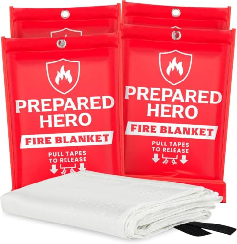 Prepared Hero Emergency Fire Blanket - 4 Pack - Fire Suppression for Kitchen, 39” x 39” Fiberglass Fire Blanket for Home