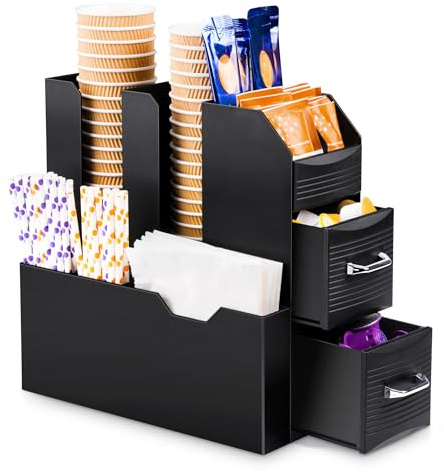 SZQINJI Coffee Condiment Organizer 11-Compartment Breakroom Coffee Station Organizer Countertop Cup Storage with 2 Drawers Black