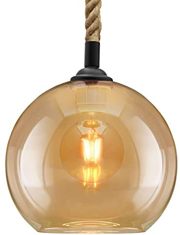 Vintage Industrial Ceiling Rope Pendant Light Glass Globe Lamp Shade Amber Smoked H3007