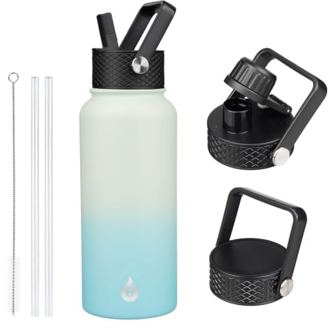 BJPKPK Insulated Water Bottles with Straw Lid, 32oz Cups Metal Large Water Bottle with 3 Lids, Reusable Leak Proof BPA Free Thermos, Stainless Steel Tumblers for Sports, Gym, Travel-Mint | 3 Lids Included, Keep Cold & Hot, BPA-Free Leakproof Vacuum Bottle, Metal Water Bottle for office, Gym, Travel & Outdoor