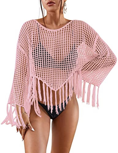 Bsubseach Beach Cover Up for Swimwear Women Long Sleeve Crochet Top Hollow Out Swimsuit Coverup Pink