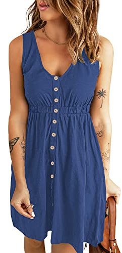 AUSELILY Sommerkleid Damen Ärmellos V-Ausschnitt Minikeid Casual Button Down Strandkleid mit Taschen Meeresblau L