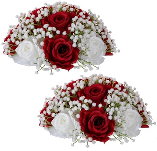 BLOSMON Kunstblumen Rosen Schleierkraut Dekoration: 2 Stück Burgundisch Künstliche Rose Gypsophila Blumenstrauß Blumen Kugeln für Hochzeitsdeko Tischdeko Party Tafelaufsätze Zuhause Zimmer Deko